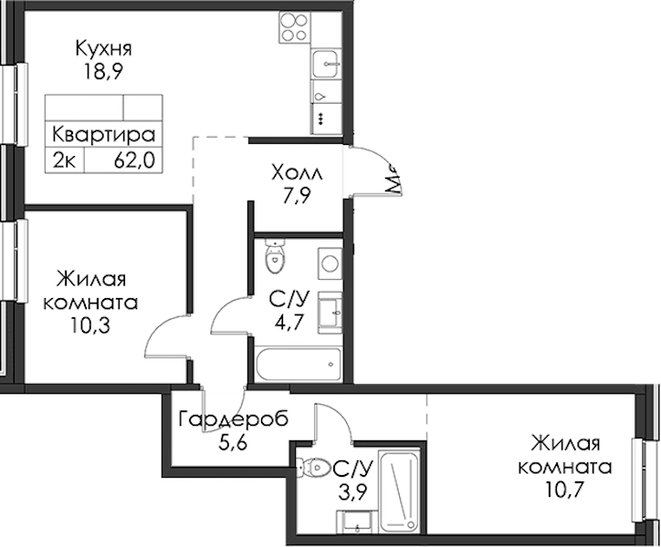 2-комнатная квартира 62 м², 1/8 эт., ЖК «Шкиперский 19»